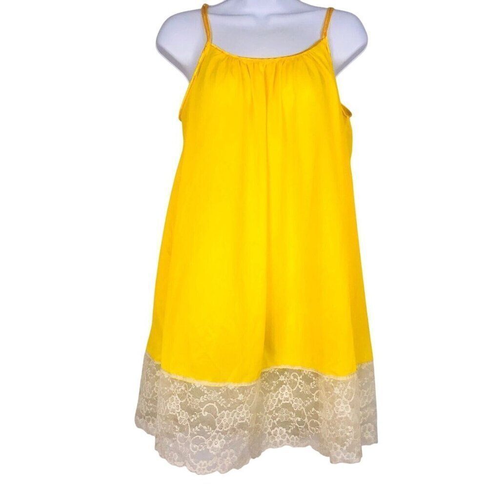 Vintage 60s Van Roalte Womens M Nightgown Yellow Sleeveless Lace Babydoll Nighti